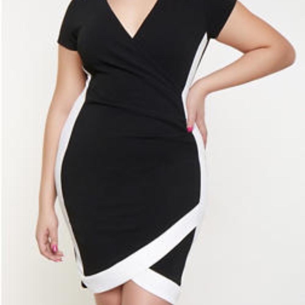 Plus Size Contrast Trim Faux Wrap Dress